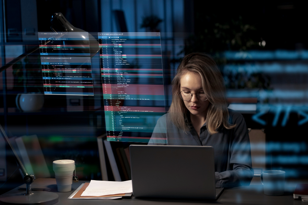 A woman data analyst is focused on her laptop in a dark office space, with the glow of SQL database code reflecting on the glass surface in front of her, symbolizing the process of transforming SQL query results into understandable visual formats such as tables and charts.